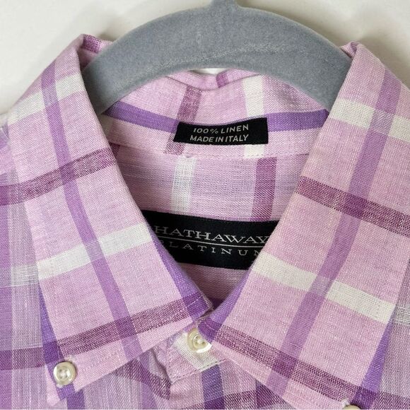 Hathaway Platinum men's lilac checked linen shirt - Picture 5 of 6